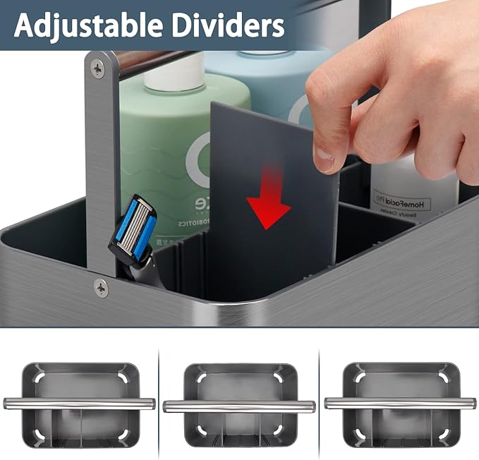 BYUNER Portable Shower Caddy Dorm: Compact Bathroom Caddy Organizer with Handle & Adjustable Dividers, Hard Plastic Shower Basket Storage Tote for Toiletry, College Dorm Room Essentials for Men Gray