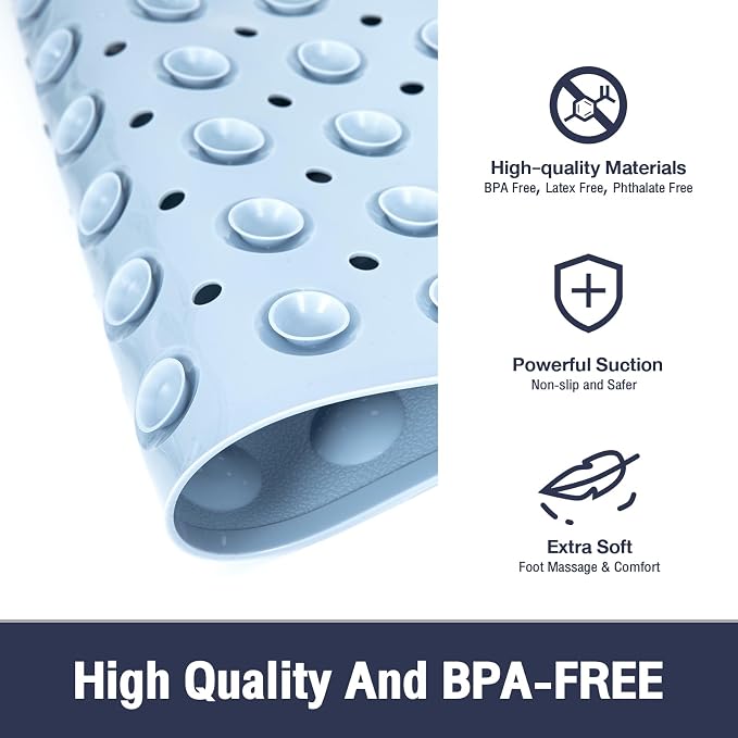 Extra Long Bathtub Mat Non Slip, Light Blue Soft Bath Mat for Tub 40 x 16 Inch Full Size, Bath Tub Shower Mats for Bathroom Floor, Big Suction Cups and Drain Holes, Easy Washable, BPA Free