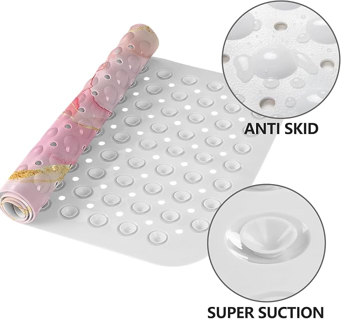 LNOND Marble Bath Tub Mat Non Slip, Extra Long 40 X 16 Inch Anti Slip Mat for Bathtub, Pink Gold Marble Shower Mat with Drain Holes and Suction Cups, Machine Washable