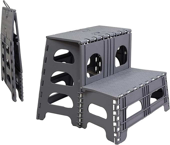 Bee Neat Folding 2 Step Stool for Adults - Collapsible & Foldable Step Ladder for Office, Garage, Closet, Bathroom - Non-Slip & Wide Stepping Stool Supports 300lbs - Industrial - Gray