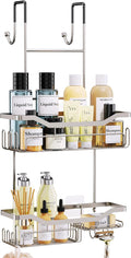 HapiRm Hanging Shower Caddy Over the Door with Soap Holder, No Drilling Adhesive Shower Organizer with 11 Hooks, Rustproof & Waterproof 304 Stainless Steel Bathroom Shelves - Brushed Nickel