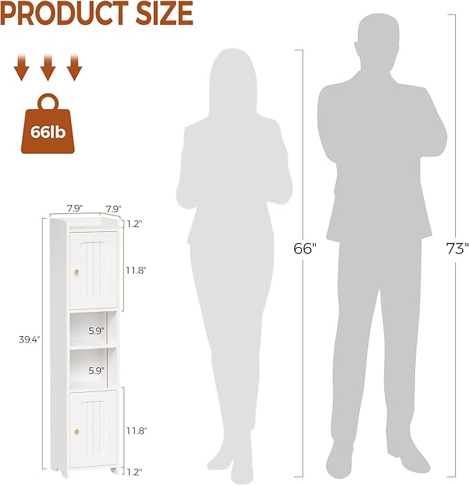 ANWBROAD Slim Bathroom Storage Cabinet Corner Narrow Cabinet with 2 Doors and Adjustable Shelf Freestanding Small Bathroom Organizers and Storage for Small Spaces, Kitchen, Living Room White USBC011W