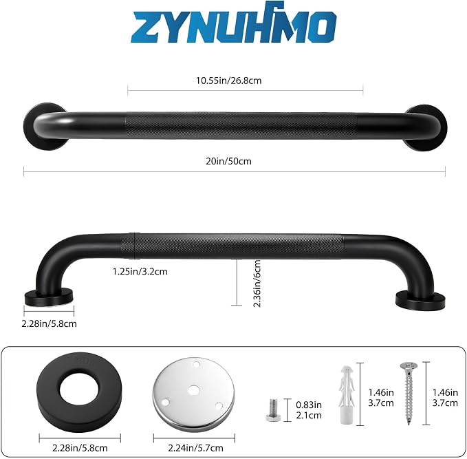Grab Bars for Shower, Zynuhmo 2 Pack 20 Inch Anti Slip Bathroom Safety Grab Bar 1.25" Diameter Stainless Steel Shower Handrails for Handicap Injury Pregnant Senior Assist Shower Handles(Matte Black)