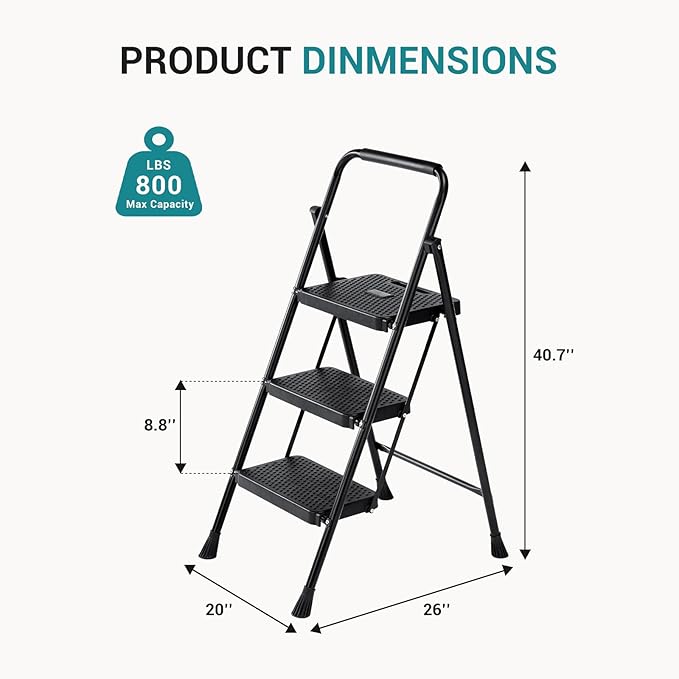 OLIXIS 3 Step Ladder, 880lbs Heavy Duty Sturdy Step Stool with Anti-Slip Pedal & Comfortable Handrail, Portable Step Stool for Kitchen, Garage & Outdoor Use, Black