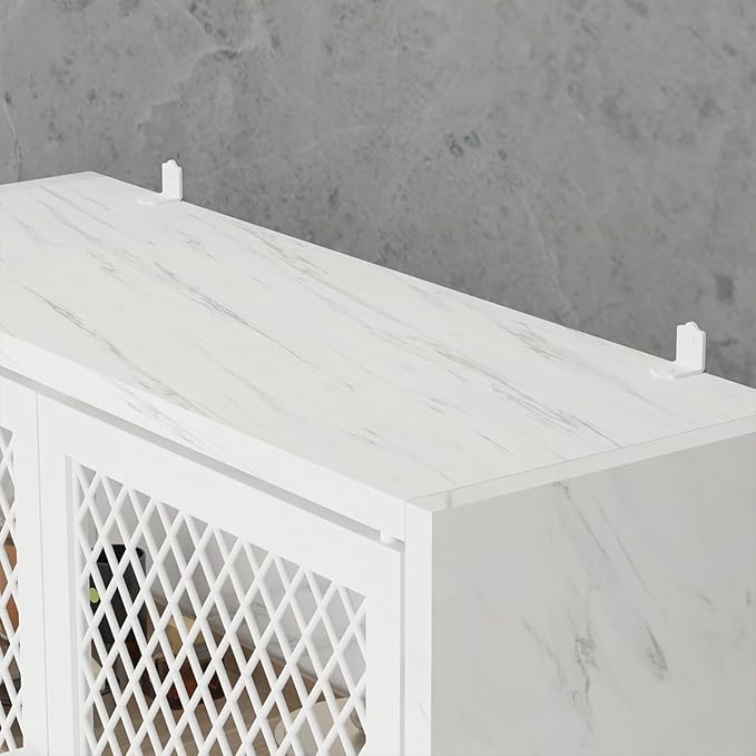 Launica Over the Toilet Storage Cabinet, Over Toilet Bathroom Organizer with Mesh Doors and Shelves, Freestanding Bathroom Storage Cabinet Above Toilet, Wood and Marble, White Marble