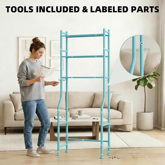 GloTika 3-Tier Over Toilet Storage with Anti-Tilt Safety System - 150lb Total Capacity Metal Bathroom Shelves Including Paper Holder & 4 Hooks, Space Saving Above Commode Organizer (64" H, Blue)