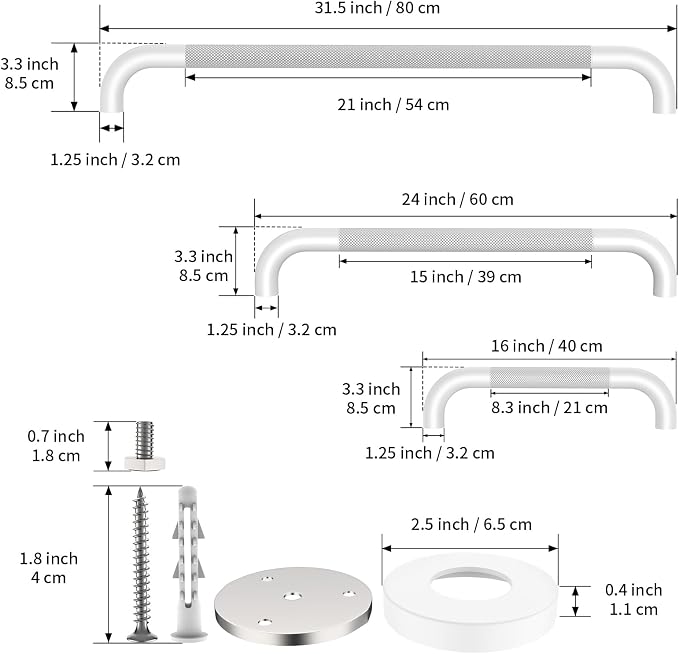 3 Pack Anti Slip Shower Grab Bar Bundle, Munzong 16" 24" 32" White Bathroom Grab Bar, Handicap Balance Bar,1.25" Diameter Safety Hand Rail for Commercial Elderly Injury Senior Assist Bath Handle