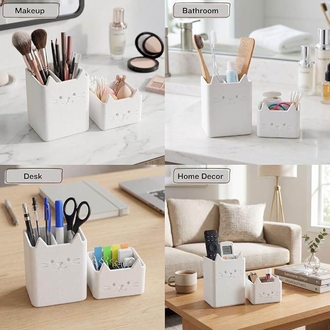 Office Desk Accessories, Set of 2 Pencil Cups, Cute Cat Pen Holder, Cute Desk Decor, Bathroom Organizer, Toothbrush Holders with Drainage, Makeup Brush Organizer, Cat Lover Gifts (Jade White)
