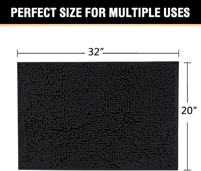 H.VERSAILTEX 20x32 Bath Mat Non-Slip Bathroom Rug Shag Shower Mat Machine-Washable Bath Mats with Water Absorbent Soft Microfibers Chenille Plush Rugs - Black