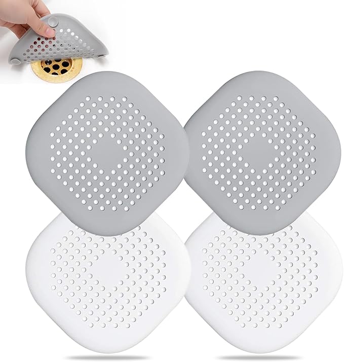 Hair Drain Catcher,Square Drain Cover for Shower Silicone Hair Stopper with Suction Cup,Easy to Install Suit for Bathroom,Bathtub,Kitchen 4 Pack (Grey Aluminium White)