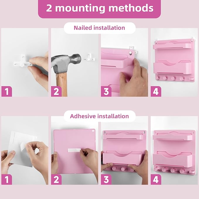 Pink Bedside Shelf Organizer - Wall Mount Phone Holder with Glasses Hook & 50 Motivational Stickers for Girls Bedroom Dorm Decor