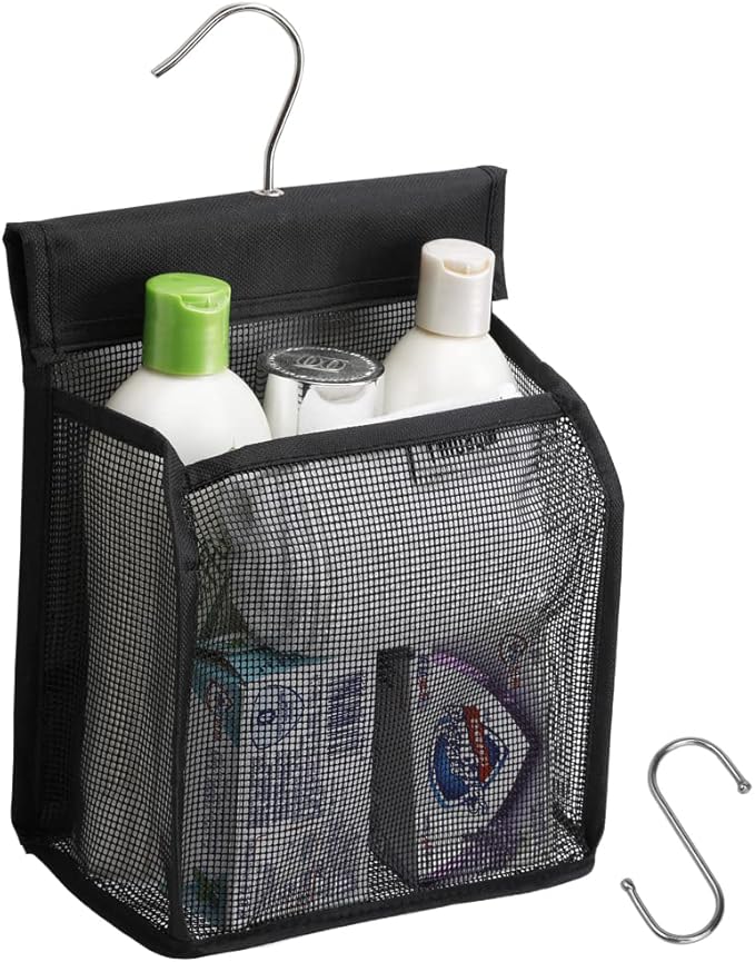 ALYER Hanging Mesh Shower Caddy Organizer Bathroom Storage Bag with Hooks for Camper, Gym, Cruise, Cabin, College Dorm Shower, Swimming and RV,Black