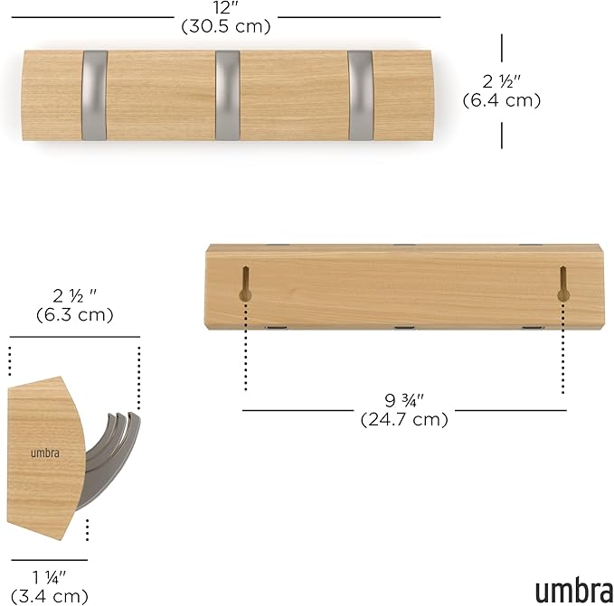 Umbra Flip Wall-Mounted Coat Rack with 3 Hooks – Modern, Space-Saving Storage for Hats, Jackets, Bags, Entryway, Mudroom, Closet, Bathroom, Bedroom – Natural/Nickel