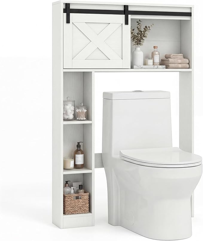 Giantex Over The Toilet Storage Cabinet - Freestanding Bathroom Organizer with Sliding Barn Door & Storage Shelves, Multifunctional Toilet Rack for Restroom, Laundry (White)