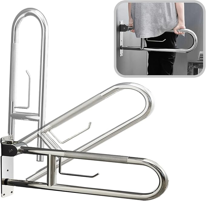 30 Inch Toilet Grab Bar, Fold Down Grab Bar with Paper Holder, Knurled Anti-Slip Grab Bars for Toilet, Stainless Steel Handrails Toilet for Seniors Disabled Elderly Pregnant, Brushed Nickel