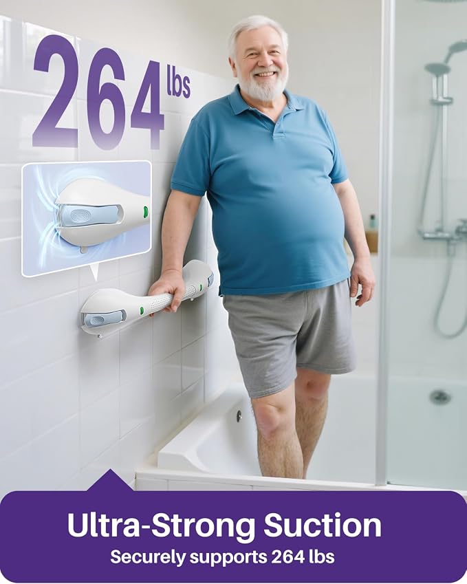 KEKOY 17.5 Inch Suction Grab Bars for Bathtubs and Showers with Indicator - Heavy Duty Safety Shower Handle for Seniors and Elderly, Handicap Bars for Bathroom, No Drilling and Removable, Blue