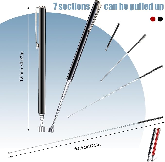 Patelai 2 Pieces Telescoping Magnetic Pick up Tool Grabbers Reacher Tools with Pocket Clip 25 Inch Telescopic Retrieving Magnet Gift for Man, Father, Mechanic, Handyman, Husband (Black,Red)