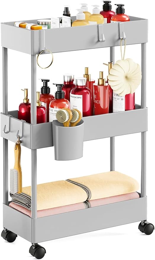Pipishell Slim Storage Cart with Wheels - 3 Tier Bathroom Organizers and Storage Cart - Rolling Carts for Bathroom, Kitchen, Narrow Space, Laundry Room,Gray