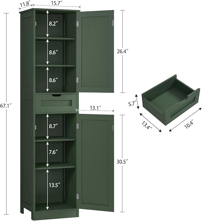 TEENFON Tall Bathroom Cabinet with 2 Doors & 1 Drawer, Narrow Bathroom Storage Cabinet with Adjustable Shelves, for Living Room, Entryway, Kitchen, Forest Green