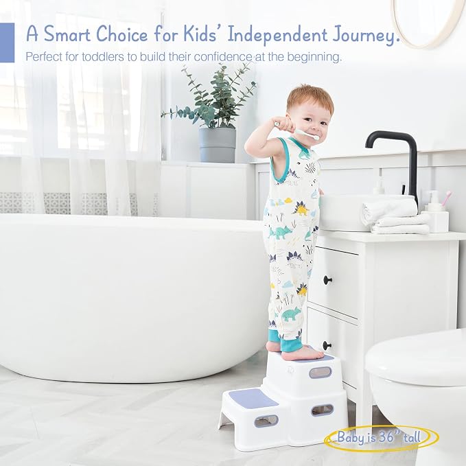 Forbena Kids Step Stool for Bathroom, Two Stepping Stool for Toddlers Toilet Potty Training, Sturdy Children Plastic Step Stool for Bed Bathroom Kitchen Counter Sink (White-Blue)