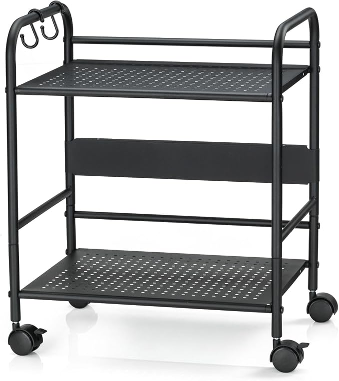 2-Tier Metal Rolling Cart, Under Desk Storage with 12.2" Shelf Clearance, Anti-Drop Guard & Hooks, Compact Utility Cart for Kitchen, Office, Laundry, Bathroom, Pantry, Living Room - Black