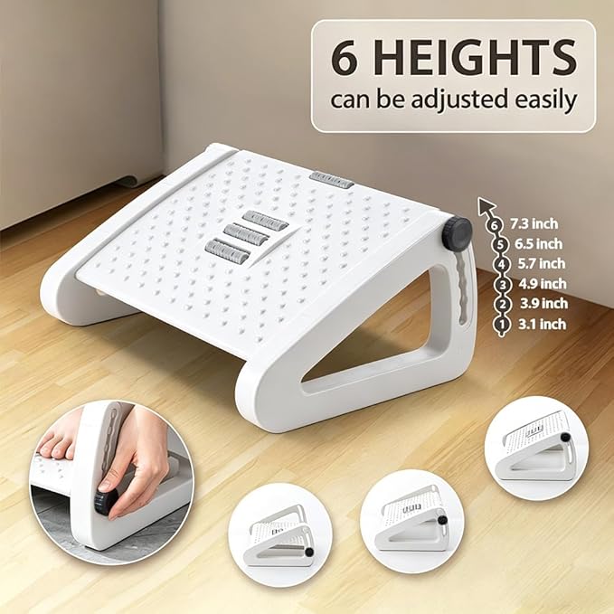 CasaZenith Foot Rest, Six Heights Adjustable Foot Rest for Under Desk at Work, Ergonomic Foots Stool for Under Office Desks, Under Desk Footrest with Foot Massage Roller, Chair Footrest - White