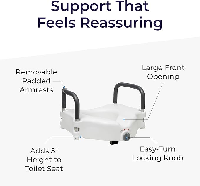 Drive Medical 2-in-1 Raised Toilet Seat with Removable Padded Arms - Elevated Bathroom Safety Support - Secure Locking Attachment - Easy Height Assistance - Durable Construction, Standard Toilets
