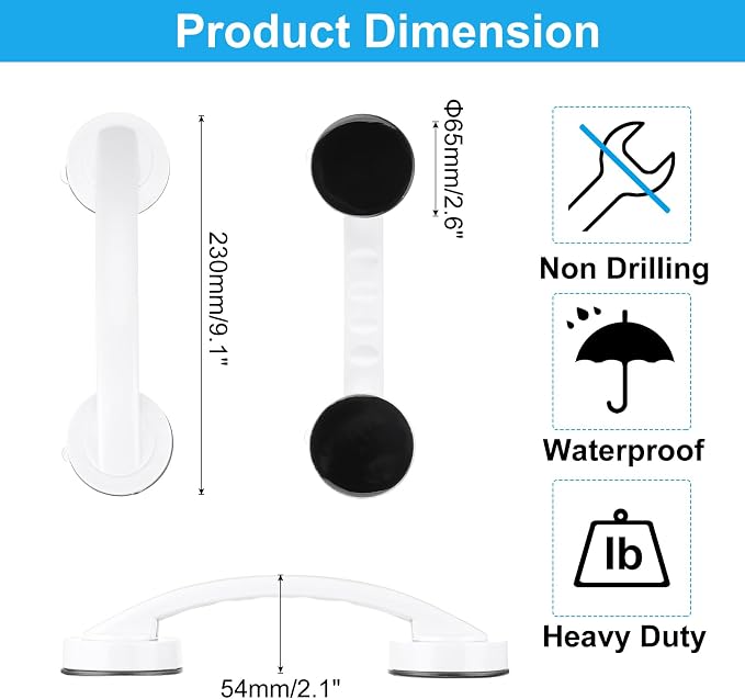 uxcell Grab Bars for Bathtubs and Showers, 9.1" Mirror Glass Door and Window Handles Powerful Shower Suction Cup Anti-Slip Safety Bars for Senior Shower Chairs White