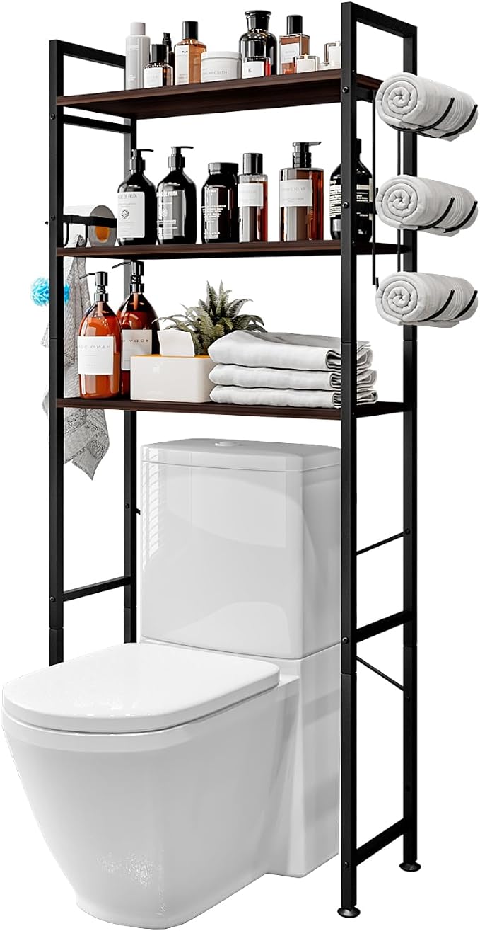 Over The Toilet Storage Rack 3 Tier Bathroom Organizer Shelf Over Toilet Freestanding Space Saver Toilet Stands with 10 Hooks Multifunctional (BlackOak)