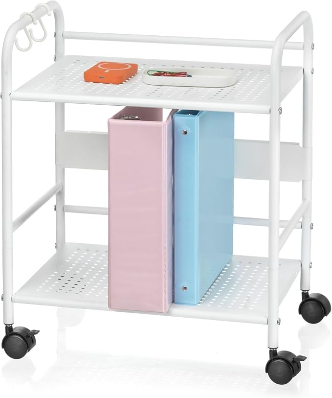 2-Tier Metal Rolling Cart, Under Desk Storage with 12.2" Shelf Clearance, Anti-Drop Guard & Hooks, Compact Utility Cart for Kitchen, Office, Laundry, Bathroom, Pantry, Living Room - White