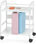 2-Tier Metal Rolling Cart, Under Desk Storage with 12.2" Shelf Clearance, Anti-Drop Guard & Hooks, Compact Utility Cart for Kitchen, Office, Laundry, Bathroom, Pantry, Living Room - White