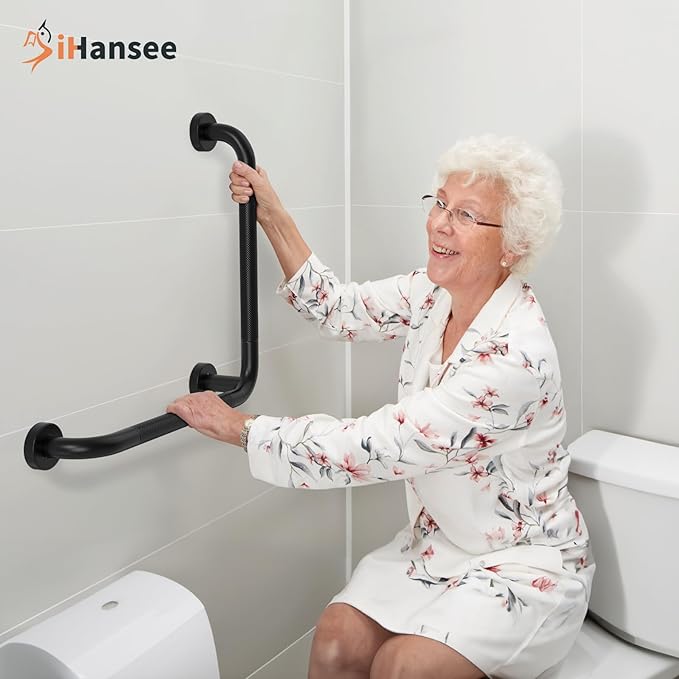 Black Angled Grab Bar 16x16 Inch, Stainless Steel Bathroom Grab Bar w/Anti-Slip Knurled Grip, Wall Mounted Bathtub Toilet Safety Handrail for Elderly Senior, L-Shaped Grab Bar for Shower