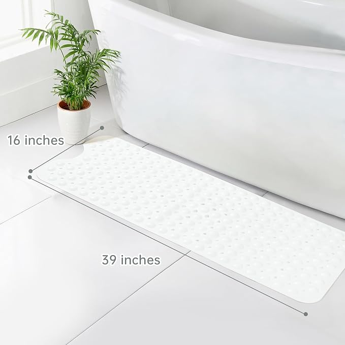 Wirhao Bathtub Mat Non Slip Shower Mat 39×16 Inches Bath Mat for Tub Machine Washable Tub Mat Large for Bathroom with Suction Cups and Drain Holes White