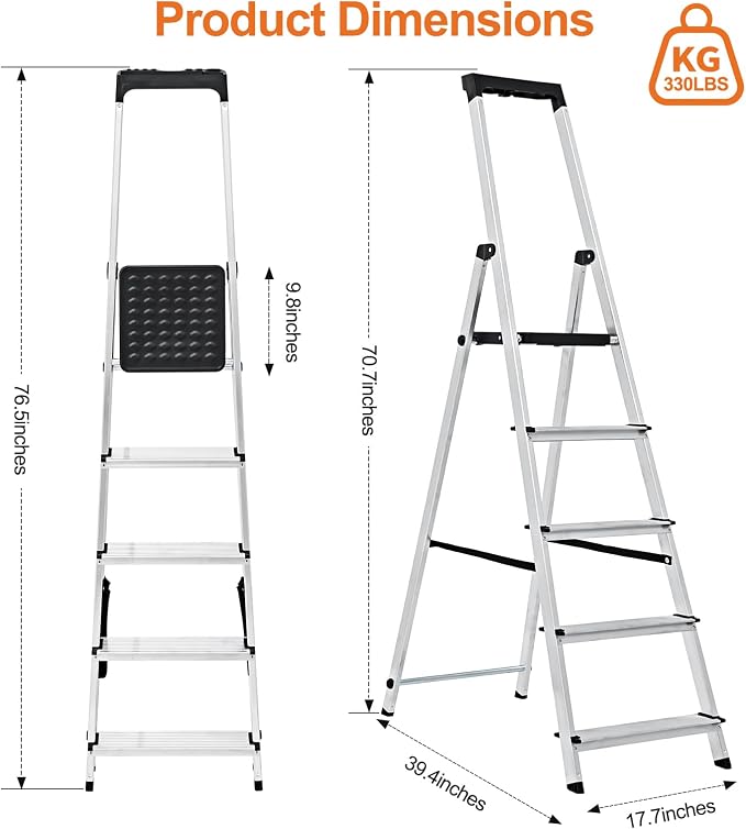 Sweetcrispy 5 Step Ladder, 330lbs Folding Step Stool with Anti-Slip Wide Pedal,Tool Tray, Aluminum Stool Ladders, Safety Household Ladder for Home Kitchen Courtyard Outdoor
