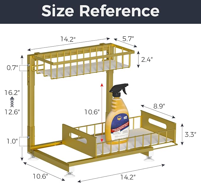 L-Shaped Under Sink Organizer, 2 Pack 2-Tier Pull Out Metal Kitchen Cabinet Organizer with Sliding Storage Drawer, Height Adjustable Heavy Duty Under Bathroom Sink Storage for Cleaning Supplies