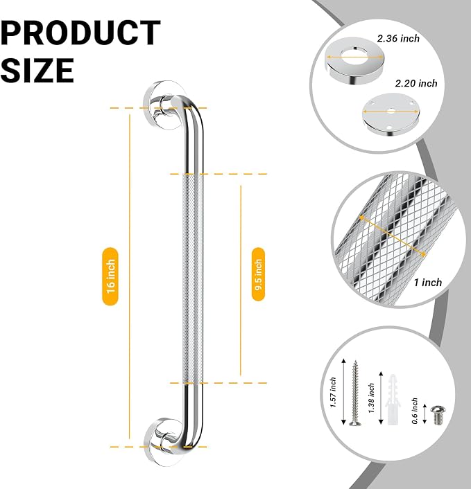 Anti Slip Grab Bars for Shower Polished Nickel, Safety Textured Grip Shower Grab Bars for Seniors, Holds up to 500LBs, Knurled Handicap Grab Bars for Wall with Concealed Screws, 16 Inch