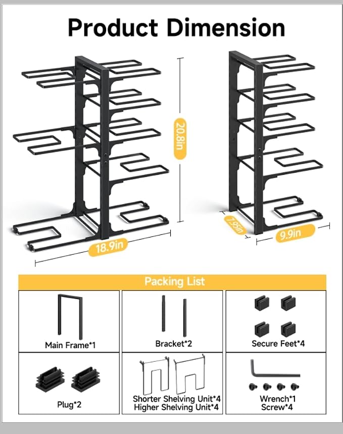 MUDEELA Pots and Pans Organizer Rack under Cabinet 20.8" Height, 8-Tier Adjustable Heavy Duty 120LBS Pot and Pan Organizer Rack inside Cabinet for Kitchen Organizer Cast-iron Pans, Heavy Cookware