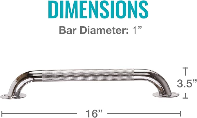 DMI Textured Grab Bars, Handicap Grab Bars for Bathroom, Shower Rails, Grab Bar for Handicap and Elderly, Perfect for Bathroom Shower Safety, Rust-Resistant Steel, 16", Chrome, FSA & HSA Eligible