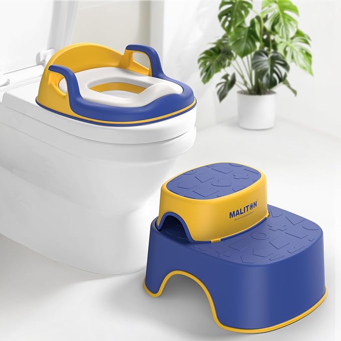 Maliton Potty Training Toilet Seat with Step Stool Ladder for Kids, Toddler Toilet Seat with Anti-Slip Stool for Boys Girls, Toddler Step Stool Set (Blue&Yellow)