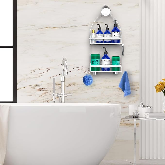 Meangood Shower Caddy Over Shower Head, White Anti-Swing Hanging Shower Caddy with 4 Remove Hooks for Razor, Sponge, Towels Rustproof Shower Organizer for Bathroom