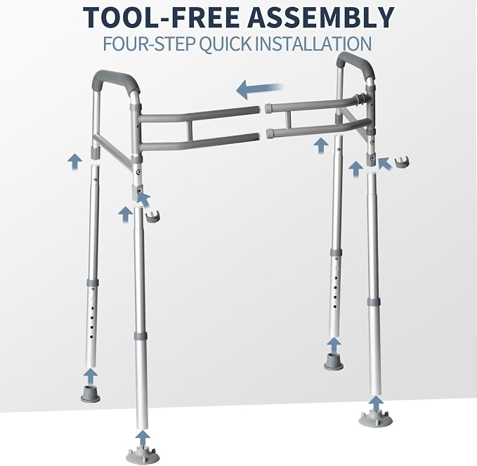 Toilet Safety Rails, Height-Adjustable, Foldable, Tool-Free Assembly, for Elderly, Seniors, Handicap & Disabled, 350 lbs Capacity
