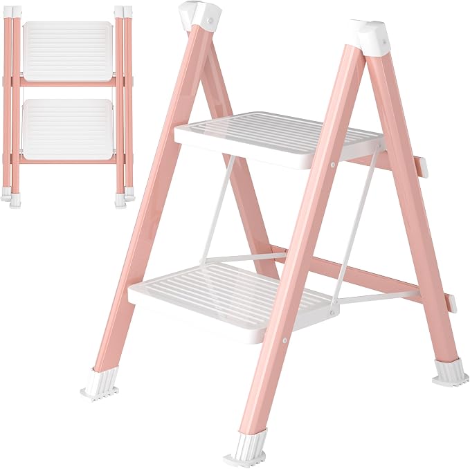 DIAMONDFORGE 2 Step Ladder, Folding Step Stool with Anti-Slip Wide Pedal, Anti-Slip Feet, Sturdiest Steel Construction, 330lbs Capacity Steel Ladder for Home and Office, Pink White