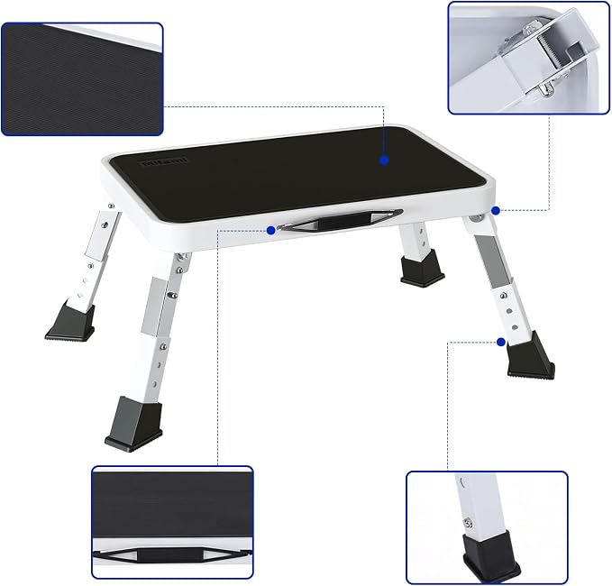Metal Step Stool Foldable Adjustable Height Sturdy Stable Step Ladder with a Non-Slip Platform Camper Step Stool with Non-Slip Rubber Feet, Easy to Carry (White)