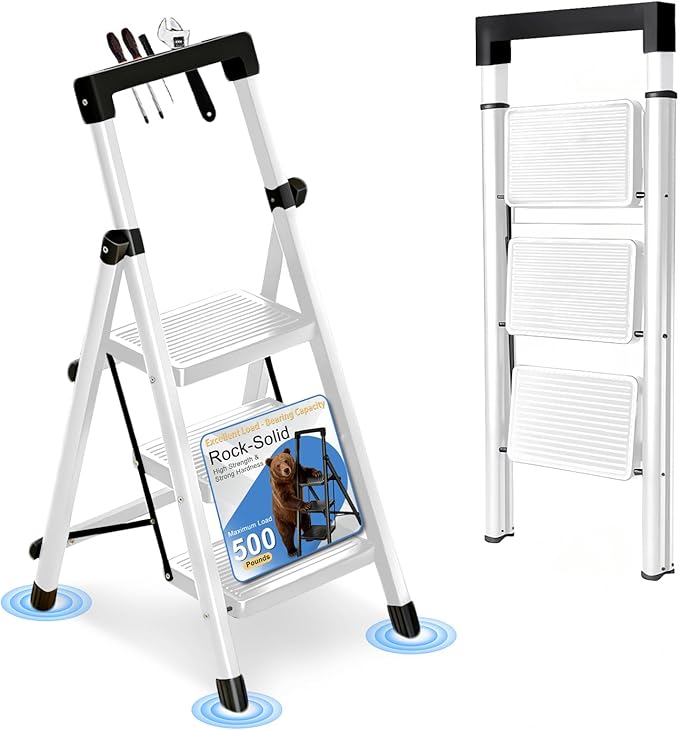 3 Step Ladder with Handrail Folding Step Stool with Tool Tray 500LBS Capacity Sturdy Carbon Steel Frame Anti-Slip Stripe Pedal for Home Kitchen Garage (white-3step)