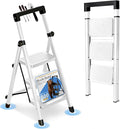 3 Step Ladder with Handrail Folding Step Stool with Tool Tray 500LBS Capacity Sturdy Carbon Steel Frame Anti-Slip Stripe Pedal for Home Kitchen Garage (white-3step)