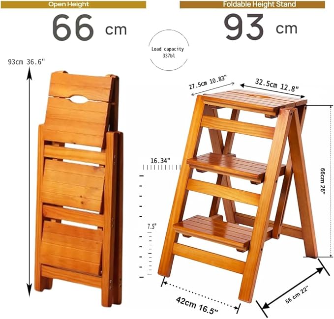 3-Step Ladder Stool, Wooden Folding Step Stool for Home & Kitchen, Solid Pine with Non-Slip Steps & Anti-Scratch Shoe Covers, 337lb Weight Capacity, Space-Saving, No Assembly Required (Brown)