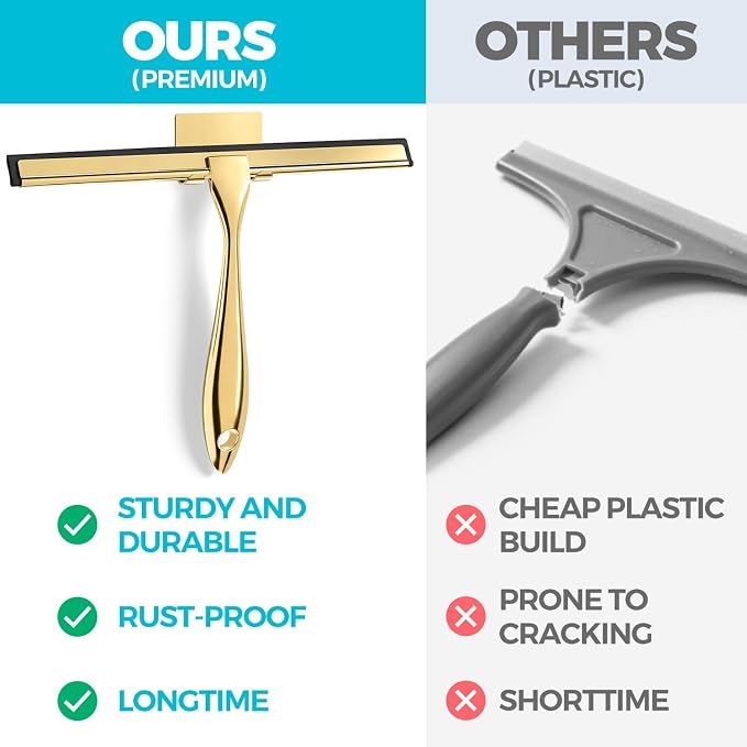 ALFLOD 2PACK 12-Inch Golden All-Purpose Shower Squeegee for Shower Doors, Bath Linen Sets, Tile Shower Walls, Bathroom, Window, Glass and Car Windshield, Mirrors and Kitchen-Stainless Steel
