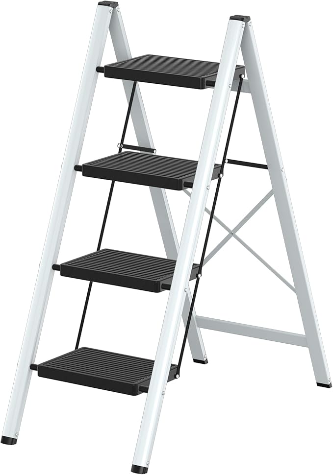 DIAMONDFORGE 4 Step Ladder, Lightweight Folding Step with Wide Anti-Slip Pedal & Feet, 330 lbs Capacity,Sturdy Steel Step Ladder for Home,Office and Library,Gray Black