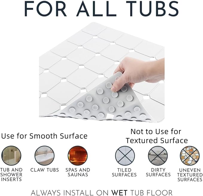 Shower Mat Non Slip 21"x21" Silicone Foldable Bath Mat with Suction Cups & Drain Holes, Odorless, Eco-Friendly & Durable, Machine Washable Shower Stall Mat for Adults, Seniors White