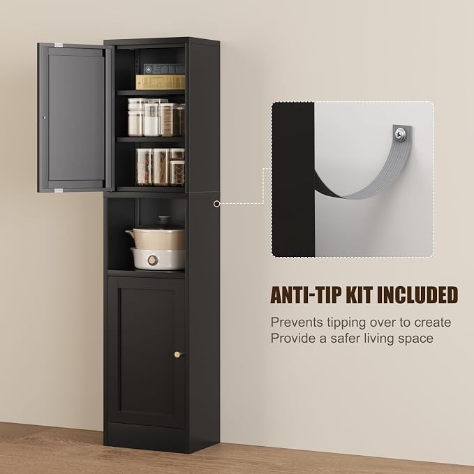 Bevivog Metal Bathroom Storage Cabinet Freestanding, 67" Tall Narrow Pantry Cabinet with Shelves for Kitchen, Skinny Metal Pantry with Hutch, 16" Wide Slim Cabinet for Small Spaces